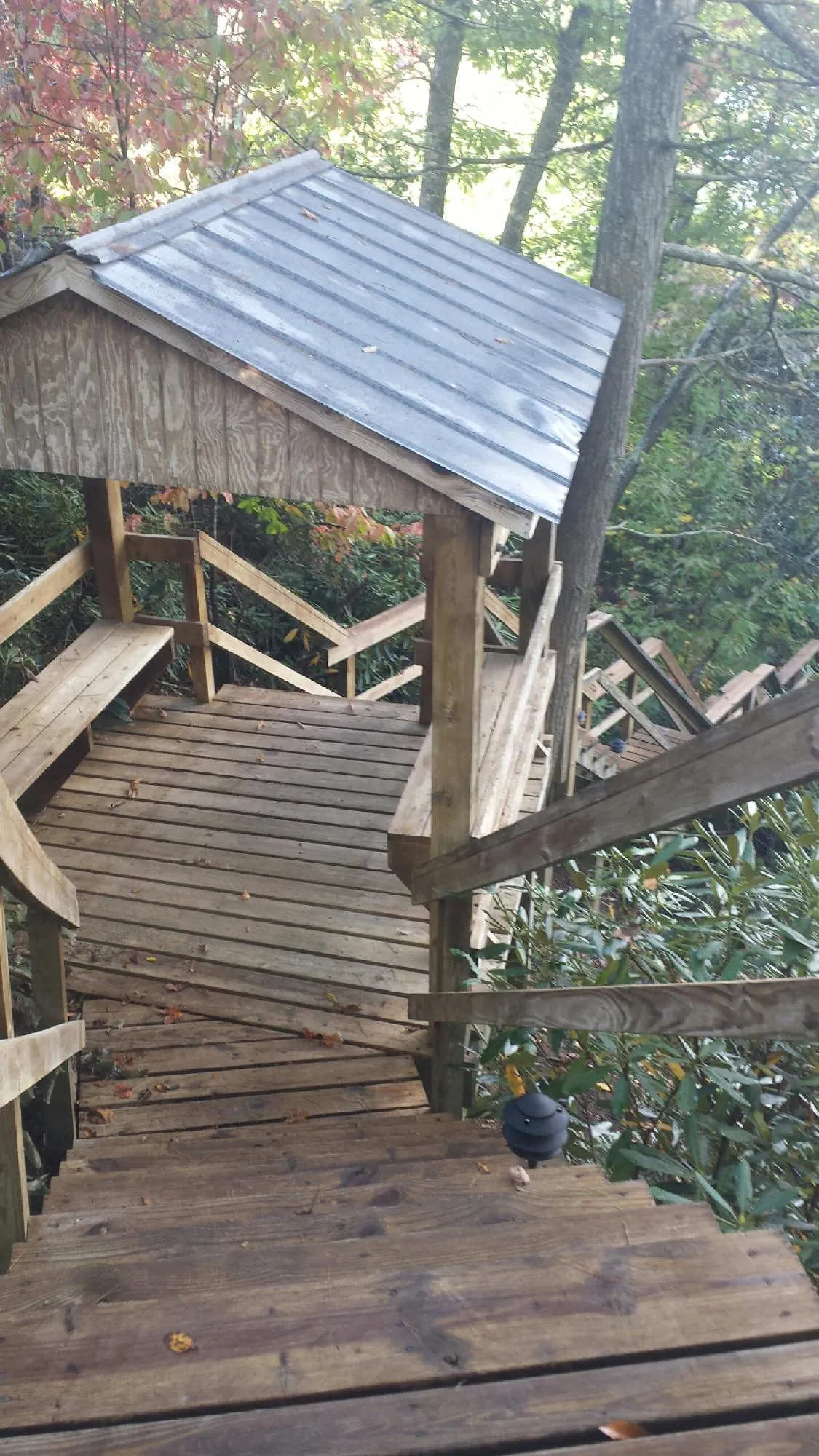 Metal roofed shelter over wooden steps on a wooded walkway — Skylight Repair & Installation work by our crew in Three Lakes